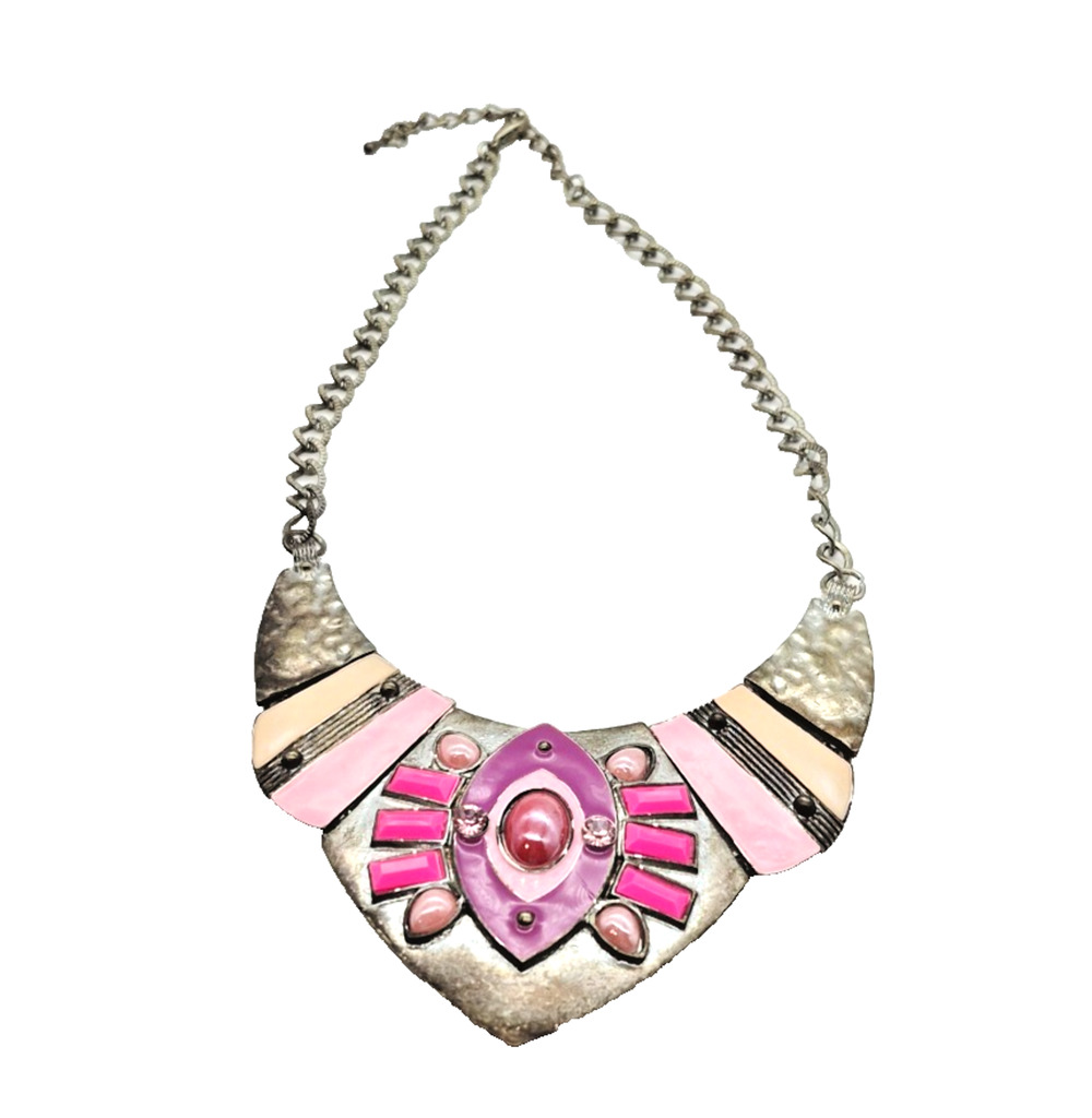 Pink Purple Enamel Rhinestone Bib Necklace Chunky Geometric Statement Jewelry